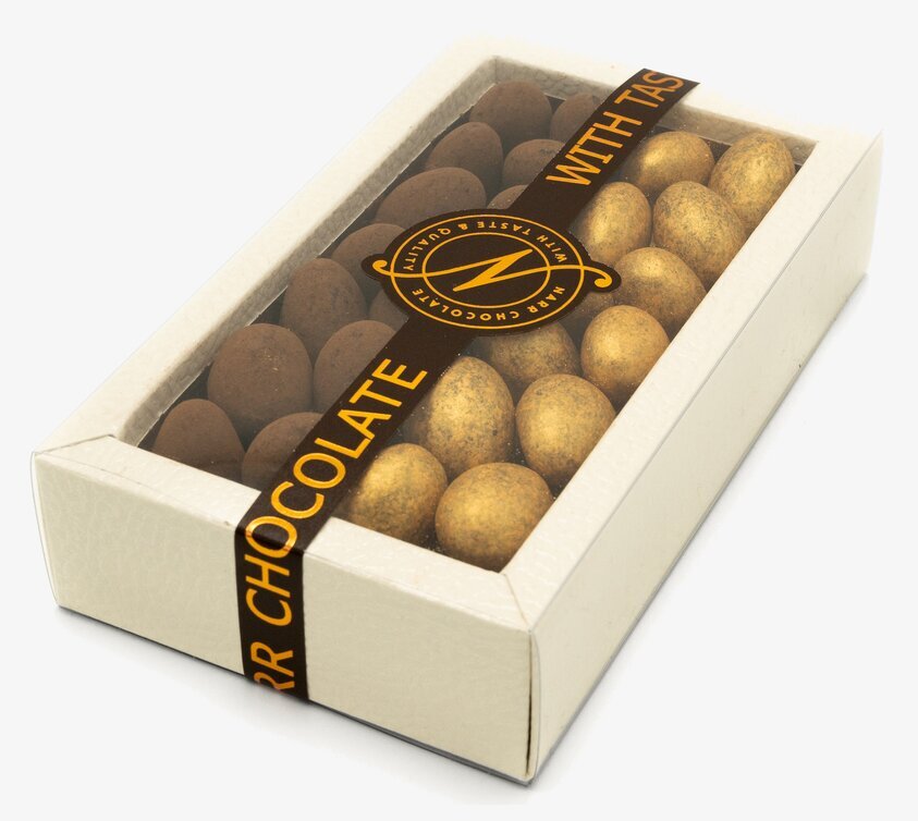 Duo Havssalt-/Kakaomandel från Narr Chocolate i elegant ask