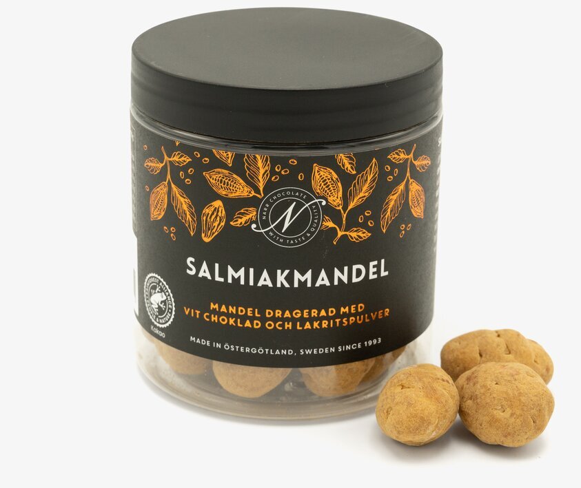Salmiakmandel från Narr Chocolate i genomskinlig burk