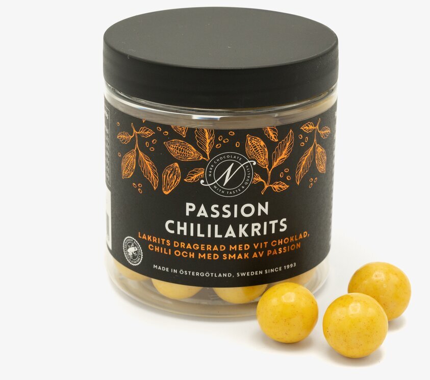 Passion Chililakrits från Narr Chocolate i genomskinlig burk