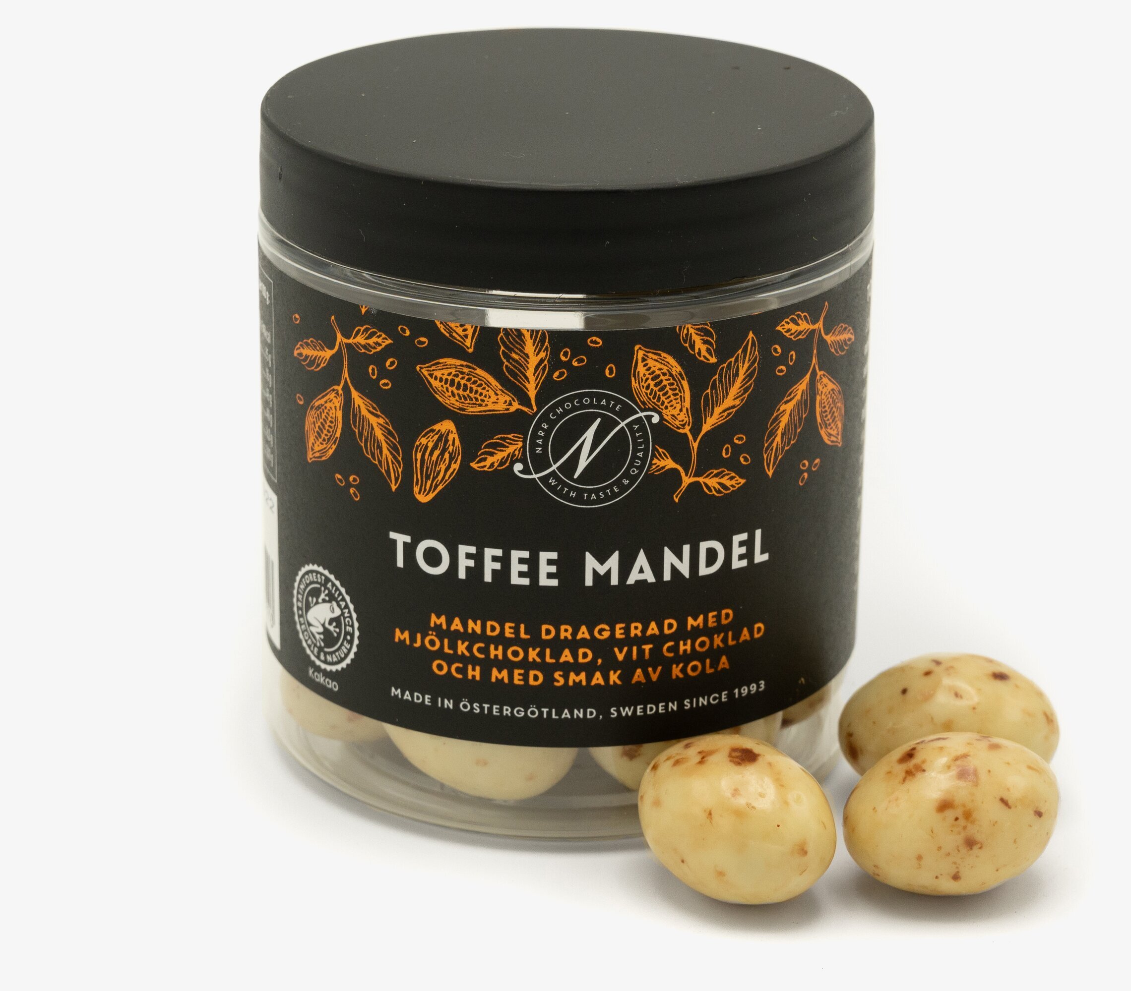 Toffee Mandel från Narr Chocolate i genomskinlig burk