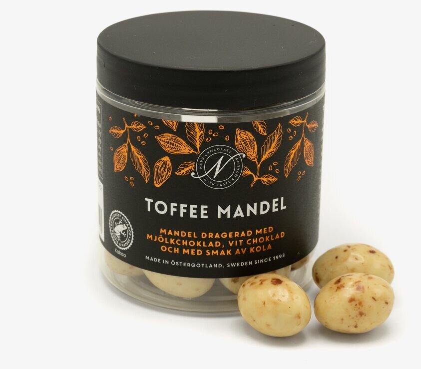 Toffee Mandel från Narr Chocolate i genomskinlig burk