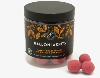 Hallonlakrits från Narr Chocolate i genomskinlig burk