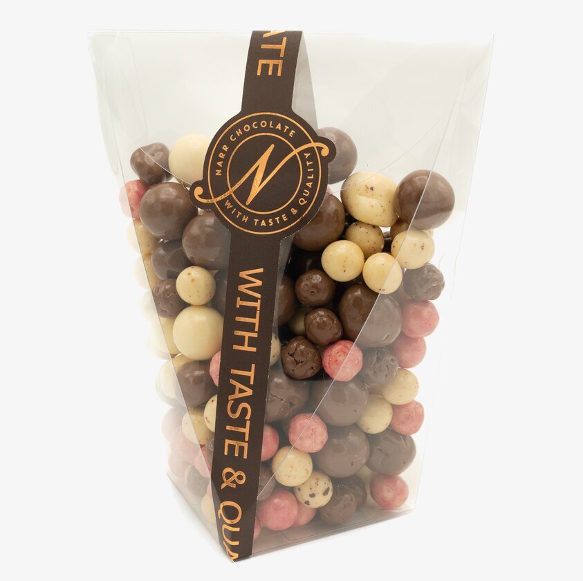 Crispmixen från Narr Chocolate i transparent påse med remsa