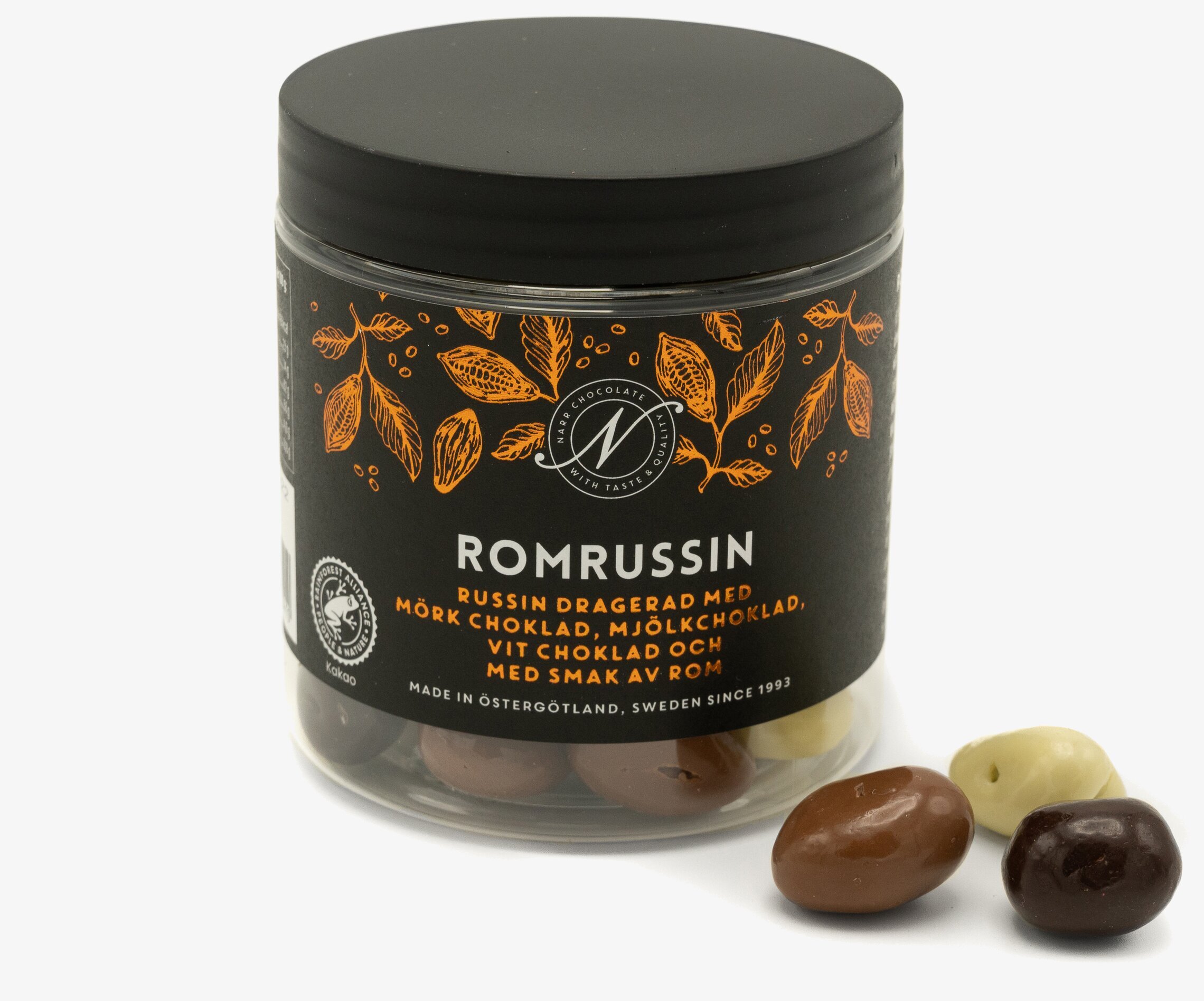 Narr Chocolate Romrussin i elegant burk med svart etikett