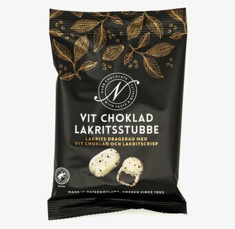 Vit Choklad Lakritsstubbe från Narr Chocolate förpackning