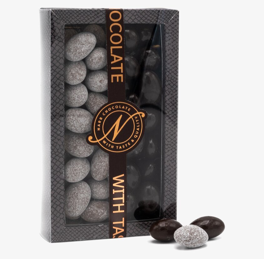 Duo Snö-/Havssaltsmandel från Narr Chocolate i elegant förpackning