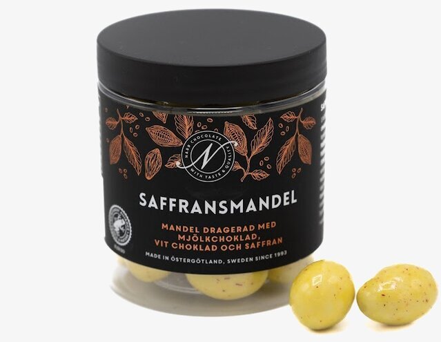 Saffransmandel från Narr Chocolate i genomskinlig burk