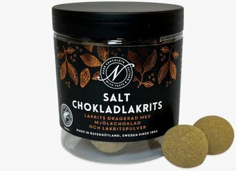 Salt chokladlakrits från Narr Chocolate i genomskinlig burk