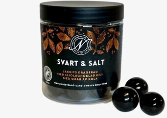 Svart & Salt från Narr Chocolate i genomskinlig burk