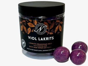 Viol lakrits från Narr Chocolate i genomskinlig burk