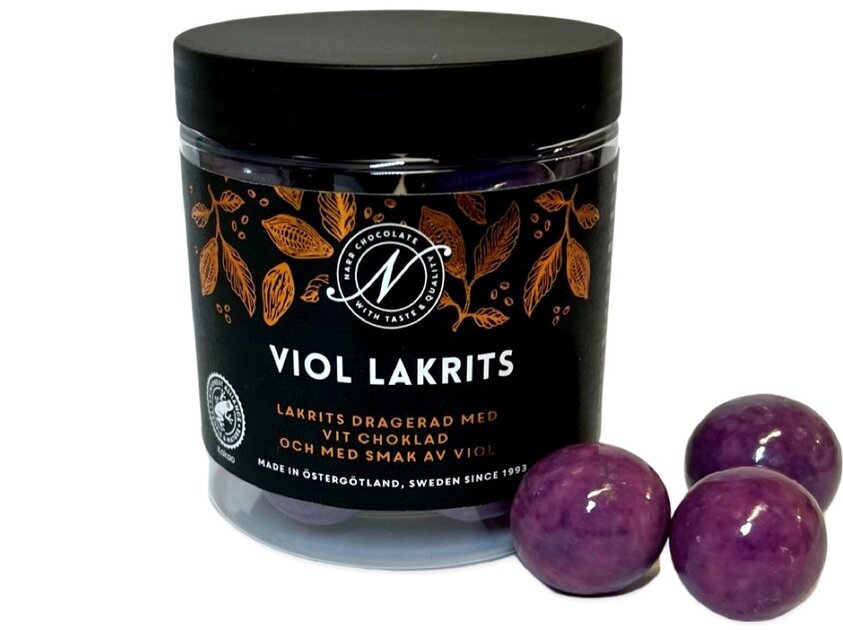 Viol lakrits från Narr Chocolate i genomskinlig burk