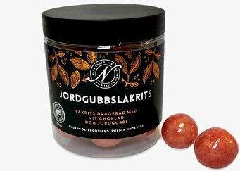 Jordgubbslakrits från Narr Chocolate i genomskinlig burk