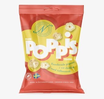 Poppis Toffee från Narr Chocolate i röd och gul förpackning