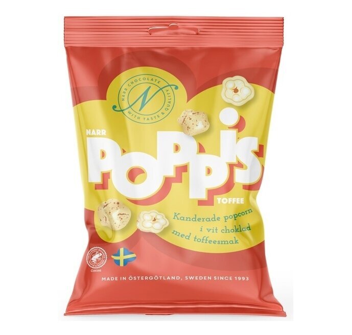 Poppis Toffee från Narr Chocolate i röd och gul förpackning