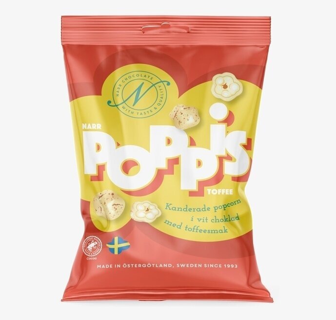 Poppis Toffee från Narr Chocolate i röd och gul förpackning