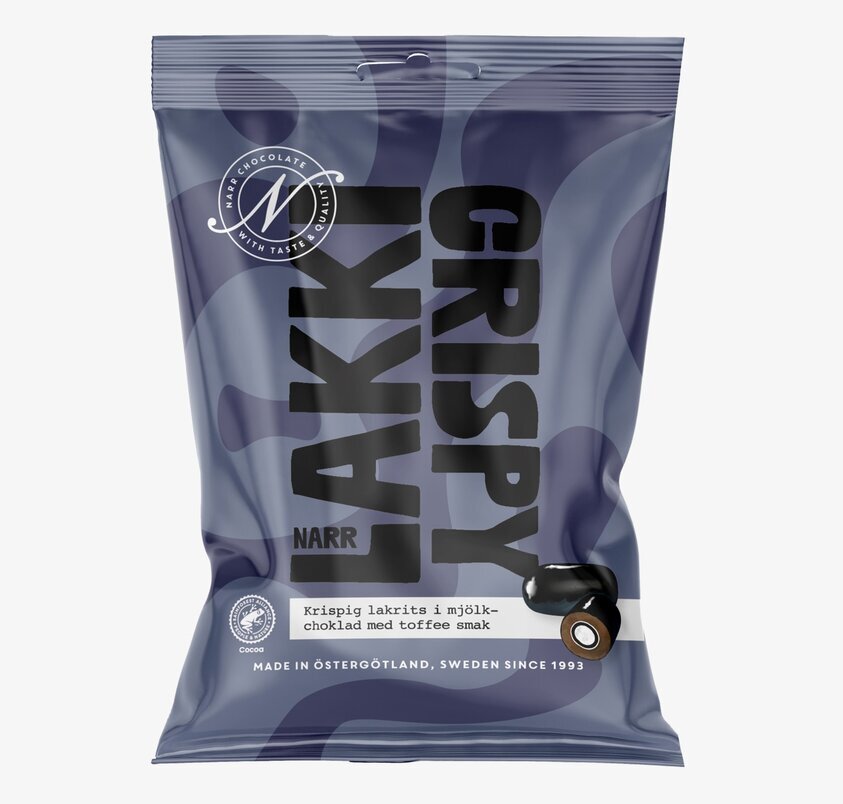 Lakki Crispy från Narr Chocolate i mörklila förpackning